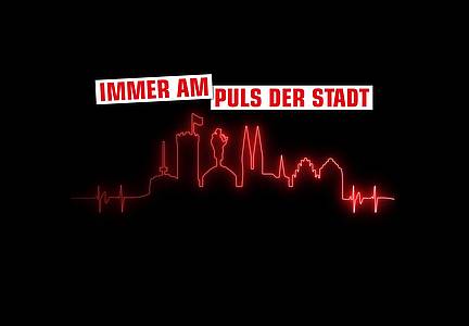 Bielefelder Skyline als Herzfrequenz mit dem Text Immer am Puls der Stadt